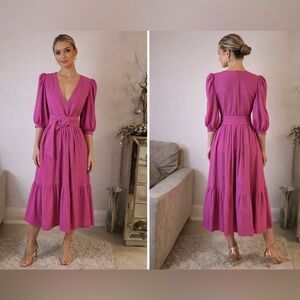 Nati Vozza made in Brazil 🇧🇷 Elegant Pink linen Midi Dress size M